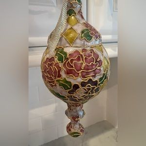Vintage Fine Cloisonné Enamel Christmas Ornament, Pink Flowers  with Gold Trim